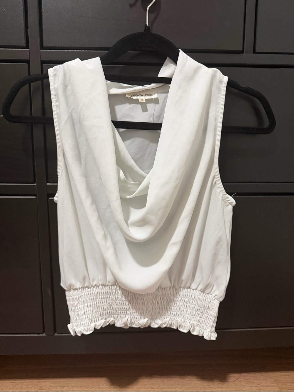 French Kiss White Draped Cowl Neck Smocked Hem Tank